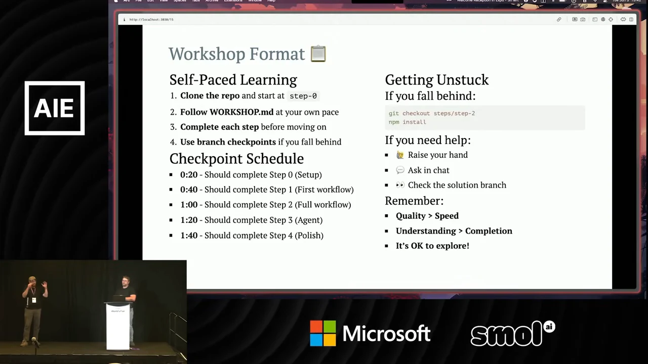 Workshop Format slide with instructions to follow WORKSHOP.md, a checkpoint schedule, branch recovery commands, and help options.