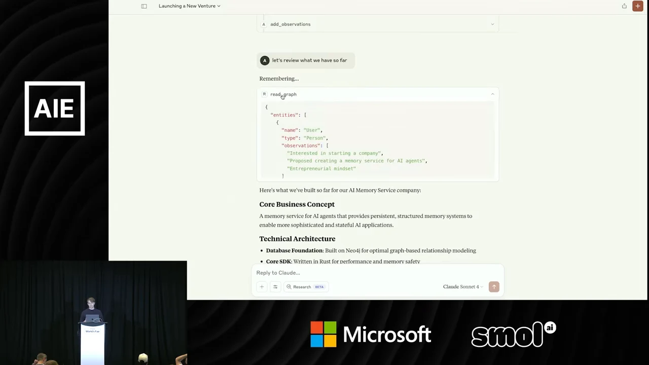 Claude conversation showing a request to review progress, an expanded read_graph result with user observations, and a summary headed Core Business Concept and Technical Architecture.