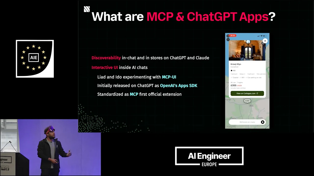 Slide titled “What are MCP & ChatGPT Apps?” with introductory bullets and a phone demo showing a property card over a map.