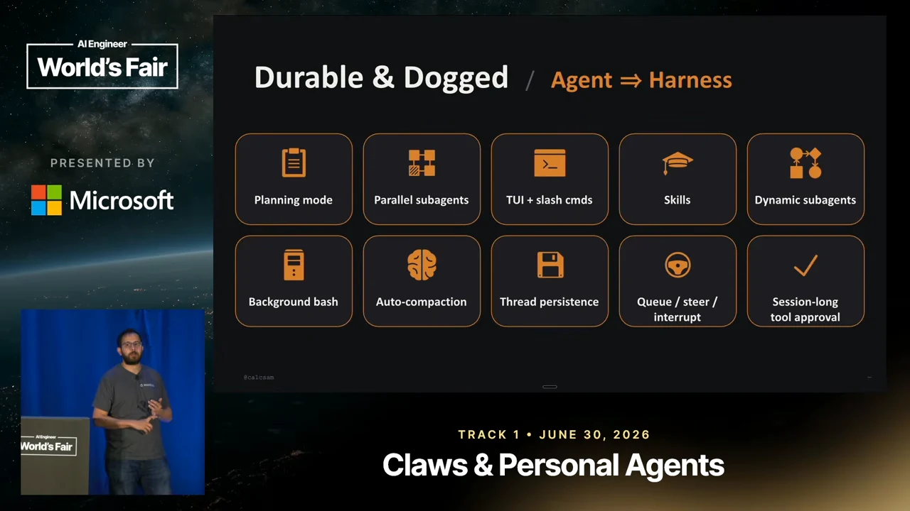 Ten tiles list planning mode, parallel subagents, TUI and slash commands, skills, dynamic subagents, background bash, auto-compaction, thread persistence, queue/steer/interrupt, and session-long tool approval.