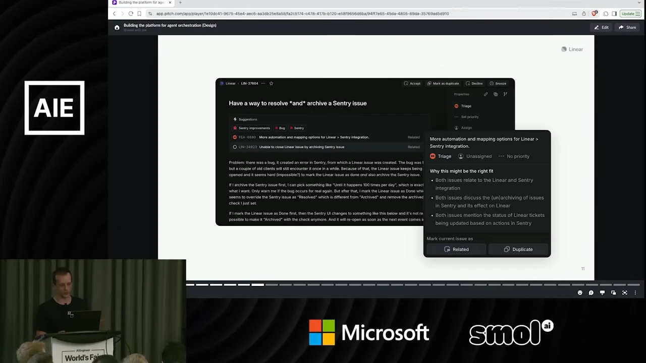 Linear issue screenshot with a suggestion panel headed “Why this might be the right fit” and Related and Duplicate controls.