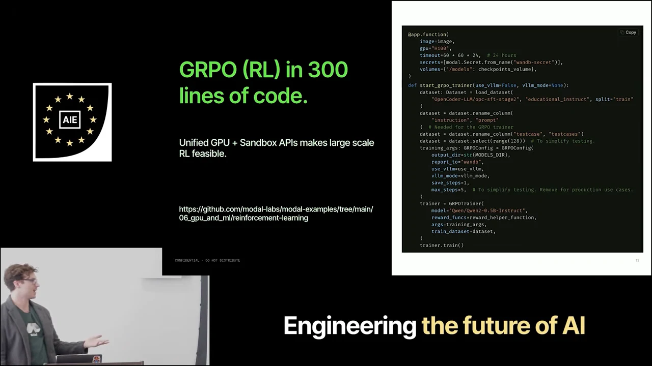 Slide titled “GRPO (RL) in 300 lines of code,” with a statement about unified GPU and Sandbox APIs, a repository link, and a code screenshot.