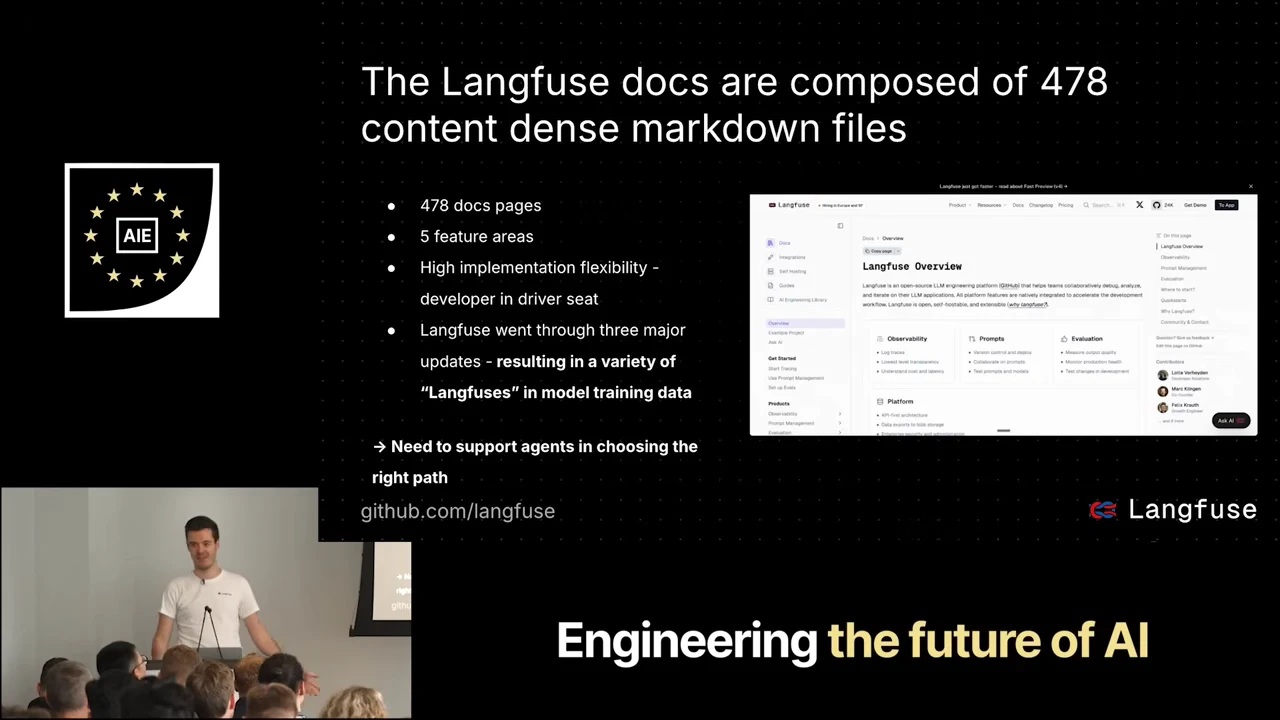 Slide listing 478 documentation pages, five feature areas, implementation flexibility, and major updates, beside a Langfuse documentation screenshot.
