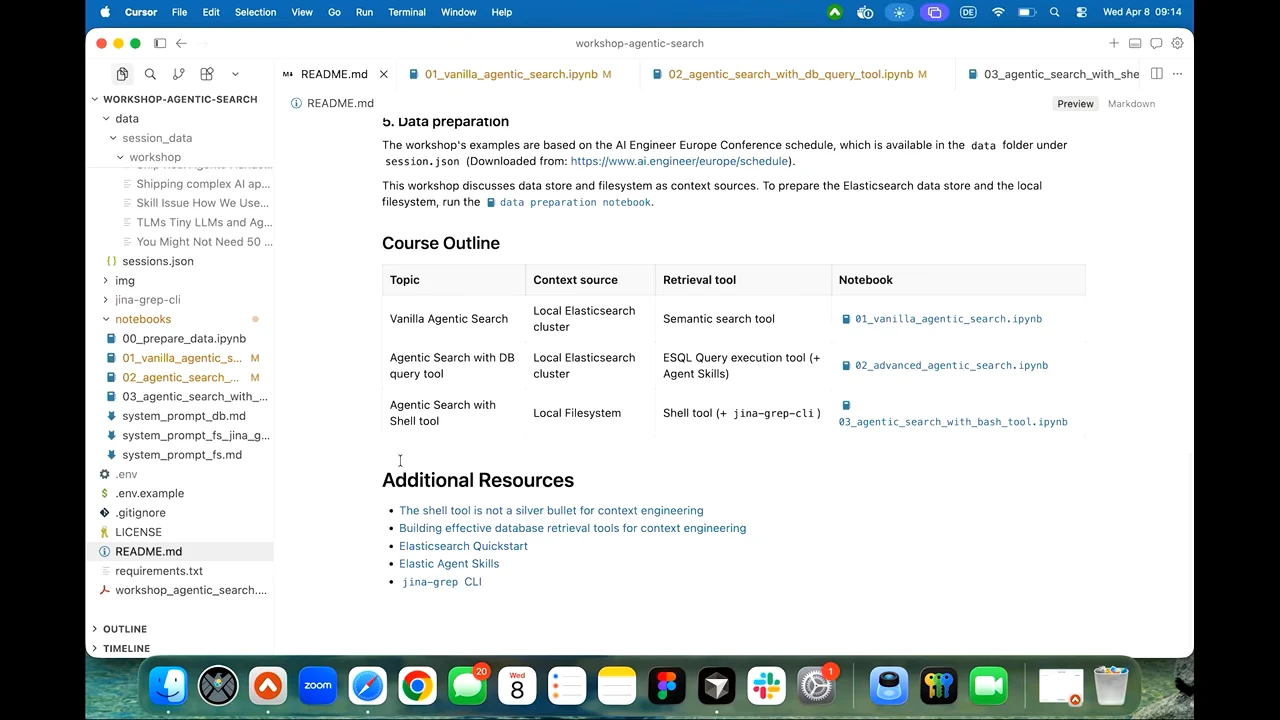 README preview with a Course Outline table listing three demonstrations, their context sources, retrieval tools, and notebooks.