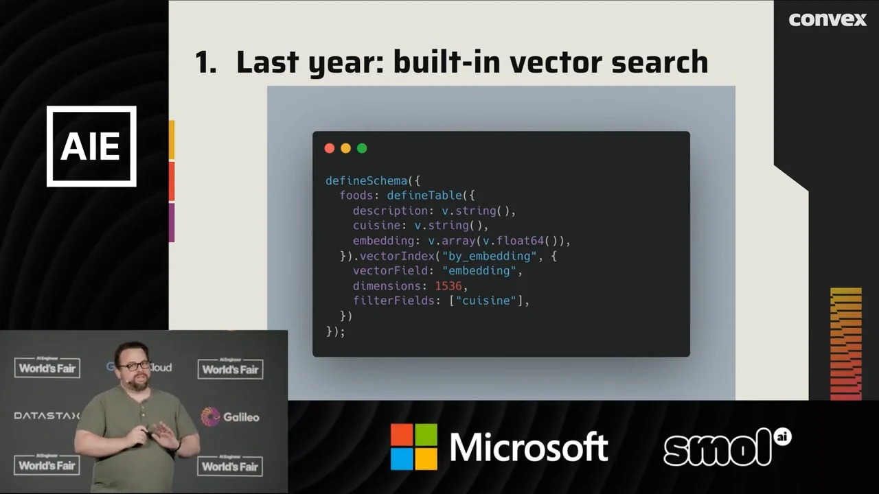 Slide titled “1. Last year: built-in vector search” showing a foods schema and vector index configuration.