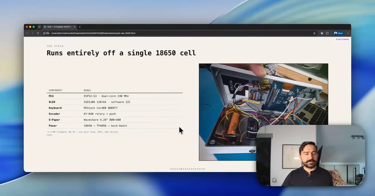 Slide titled “Runs entirely off a single 18650 cell,” with a component table and a photograph of the opened enclosure showing circuit boards and wiring.