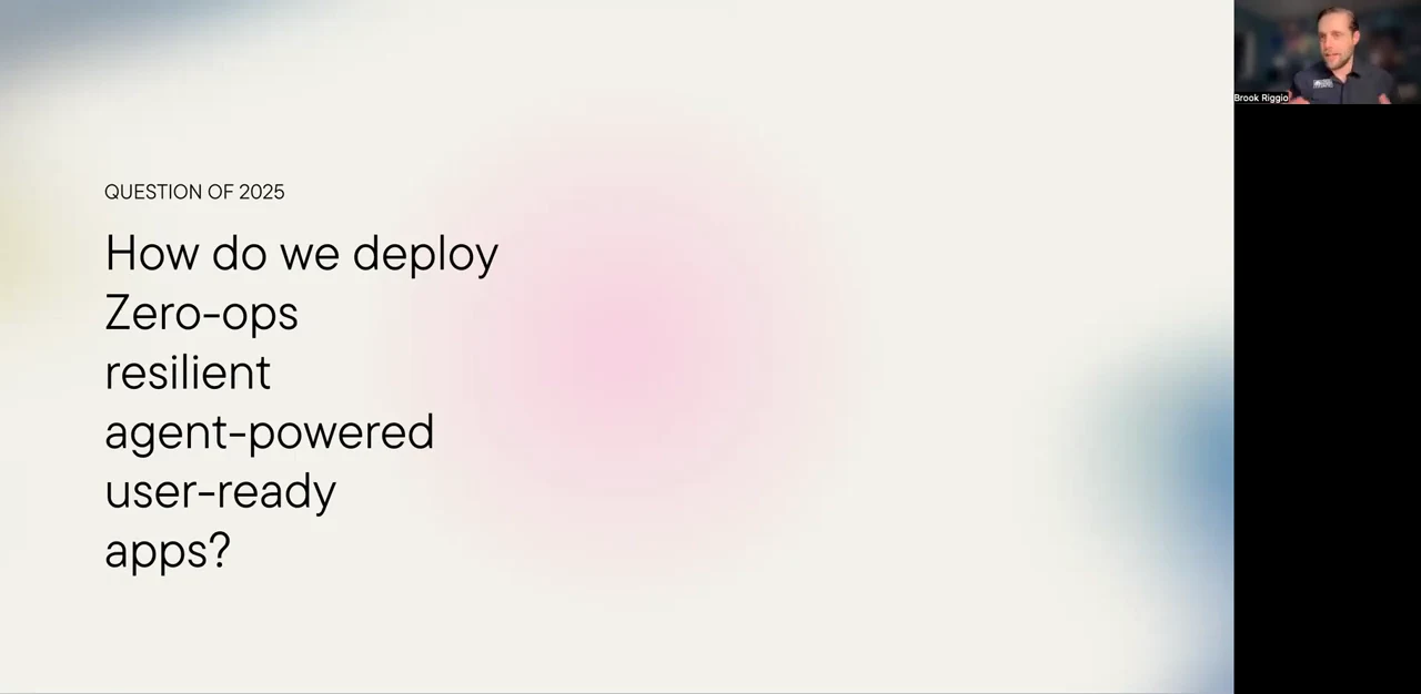 Slide headed “Question of 2025” asking how to deploy zero-ops, resilient, agent-powered, user-ready apps.