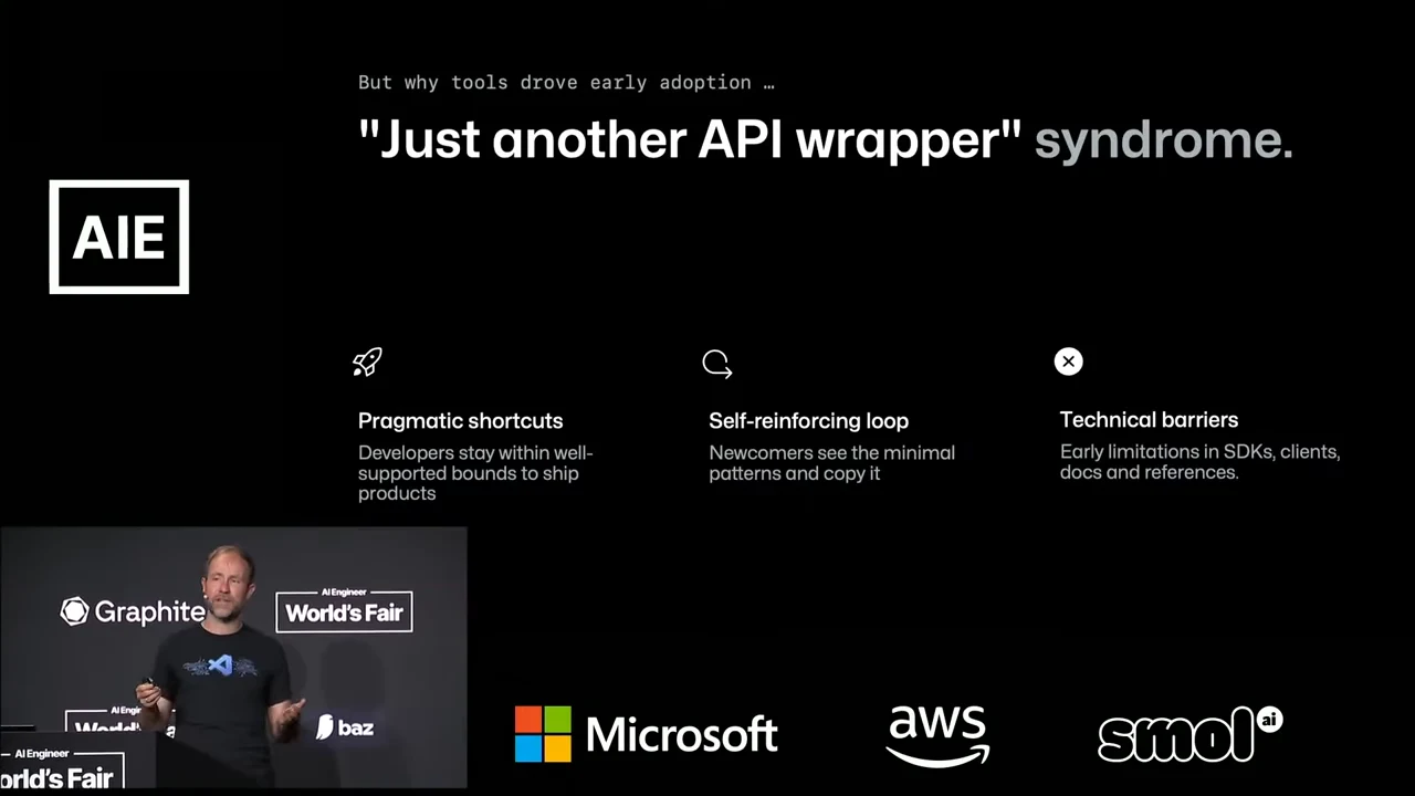 Slide with three columns titled Pragmatic shortcuts, Self-reinforcing loop, and Technical barriers beneath “Just another API wrapper” syndrome.