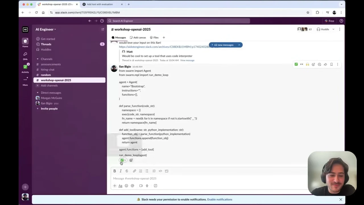 A Slack message contains Python code defining an agent, parsing function code, and adding a tool to the agent’s functions list.