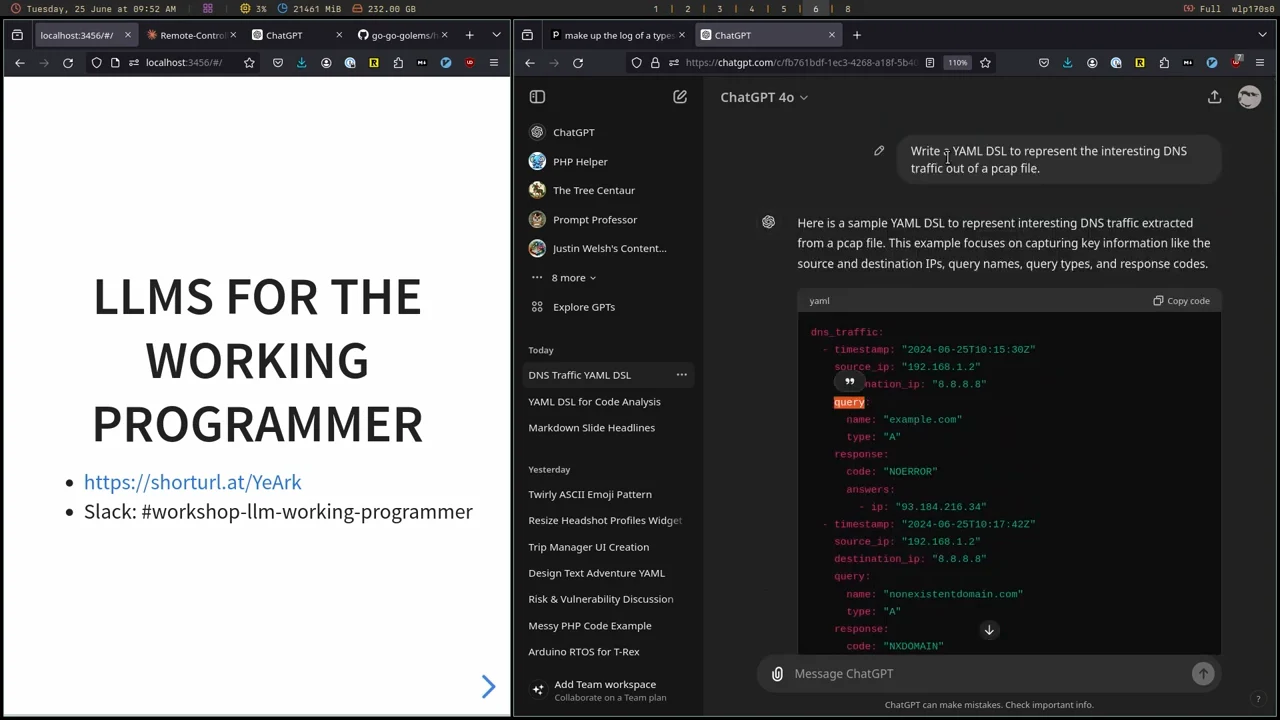 Workshop title beside a ChatGPT prompt requesting a YAML DSL for DNS traffic from a PCAP file and a response containing a DNS traffic YAML example.