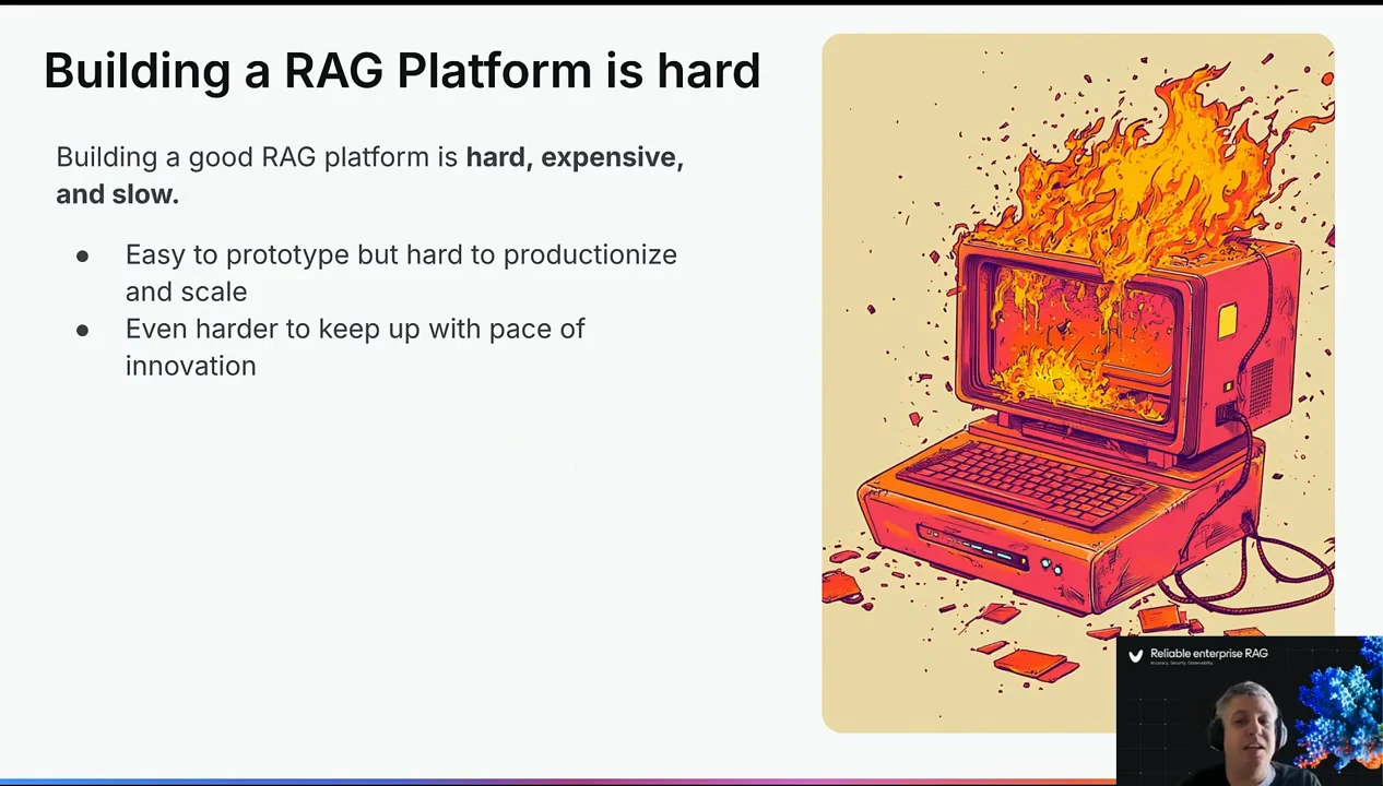 Slide lists production, scaling, and keeping pace with innovation as challenges, beside an illustration of a burning computer.