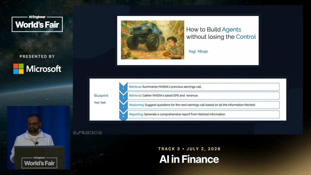 Slide showing “How to Build Agents without losing the Control” above a four-step blueprint for NVIDIA earnings research and reporting.