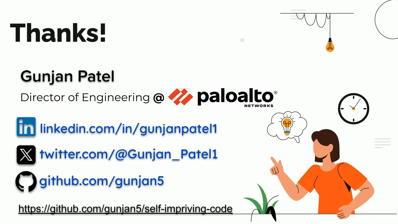 Thanks slide showing Gunjan Patel, Palo Alto Networks, LinkedIn, Twitter and GitHub contact links, and an underlined repository URL.