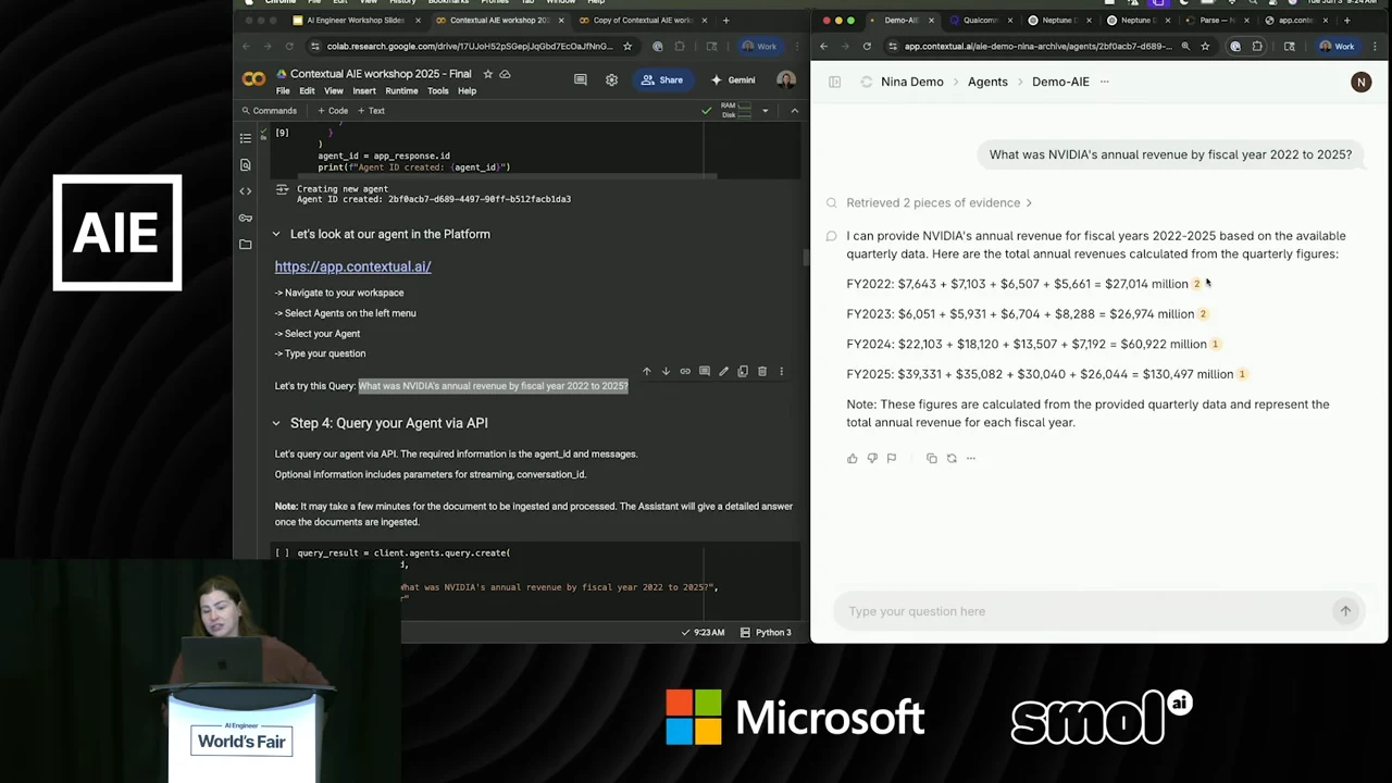 Agent chat lists NVIDIA fiscal-year revenue calculations for 2022 through 2025, citation markers, and a note explaining that totals use quarterly data.