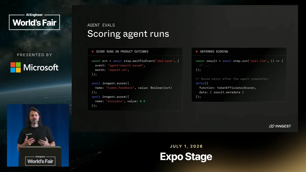 Scoring agent runs slide with two code panels labeled “Score runs on product outcomes” and “Deferred scoring.”