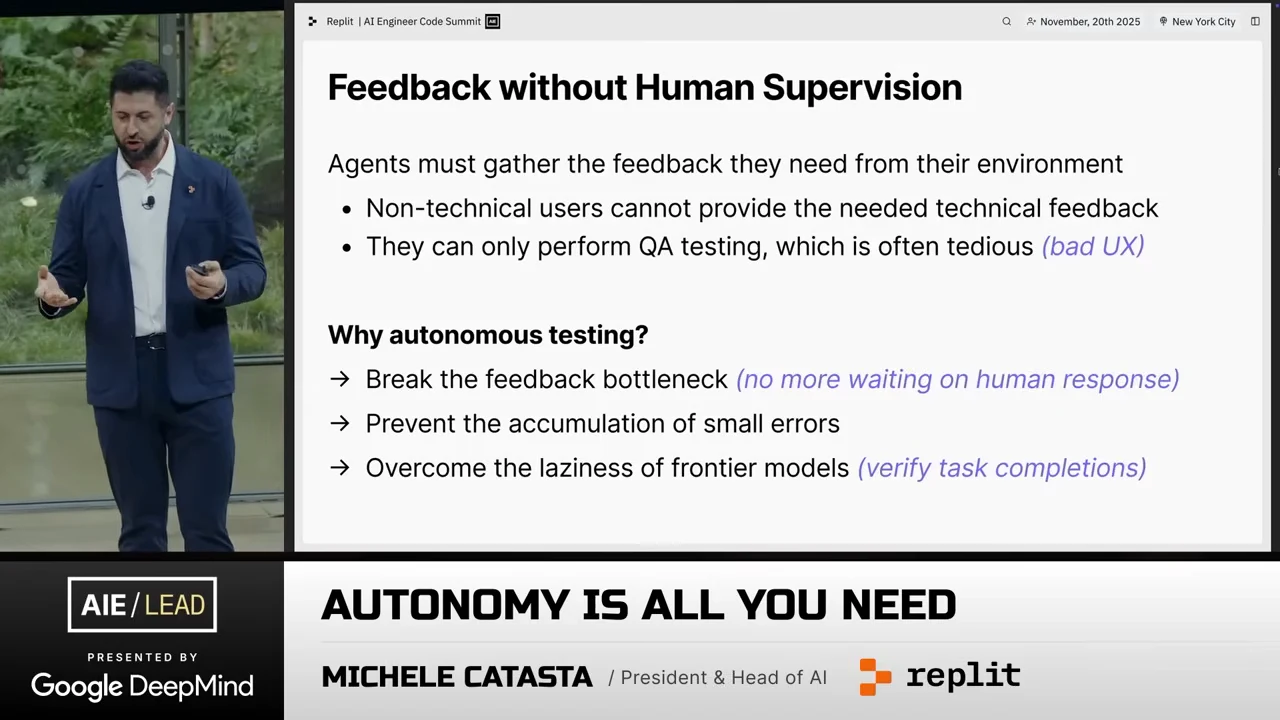 Slide listing reasons for autonomous testing: break the feedback bottleneck, prevent small errors from accumulating, and verify task completion.