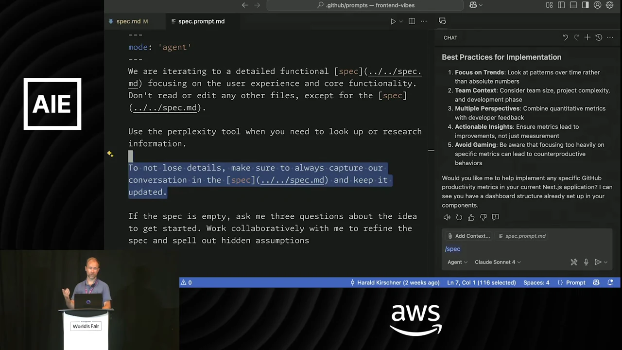 VS Code displays spec.prompt.md with instructions to work only on the spec, use Perplexity for research, and capture conversation details in the spec; the update instruction is highlighted.