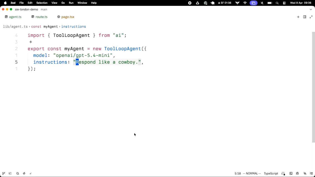 Editor showing a ToolLoopAgent definition with a model and the highlighted instruction Respond like a cowboy.
