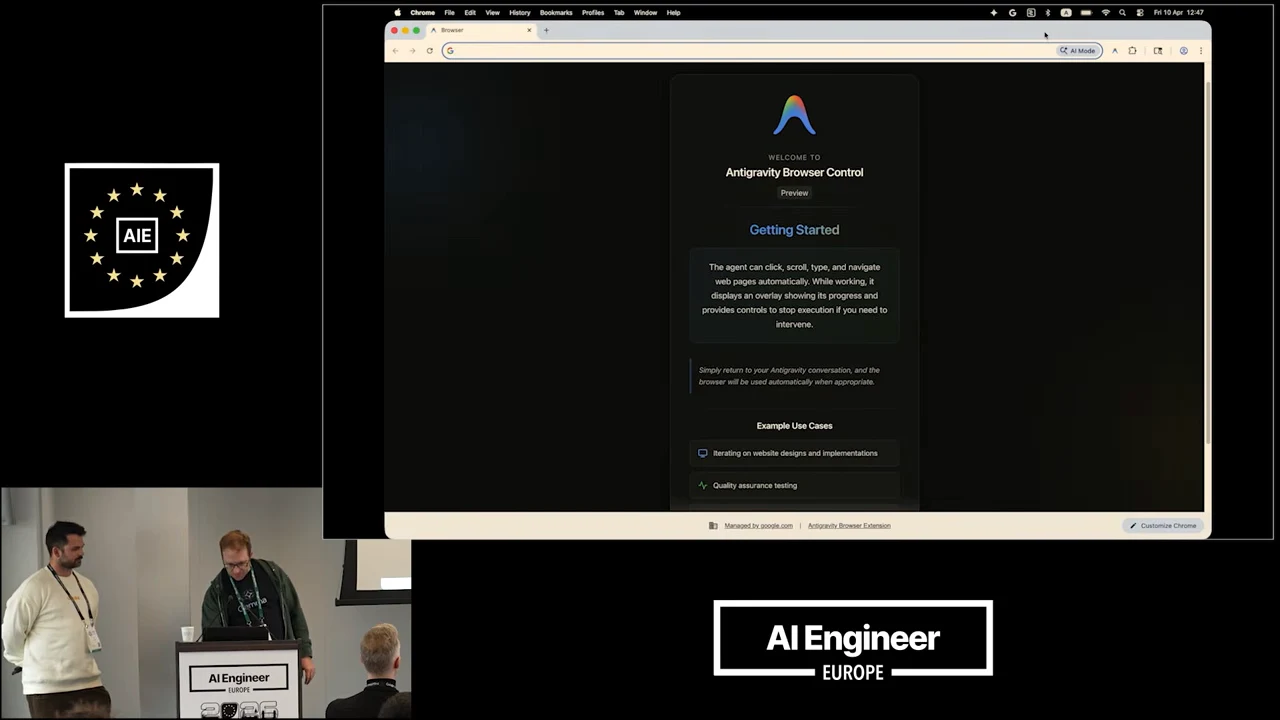 Chrome displays the Antigravity Browser Control welcome page with Getting Started instructions and example use cases; two presenters appear at lower left.