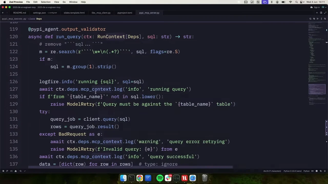 Python editor showing a query validator with MCP context logging before execution, on a query error and after success.