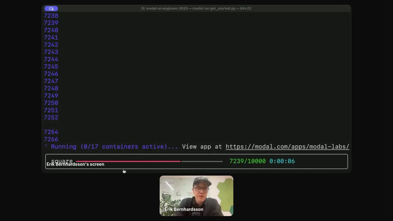 Terminal displays numeric output, a running container status line, and a progress bar labeled 7239/10000, with the speaker below.