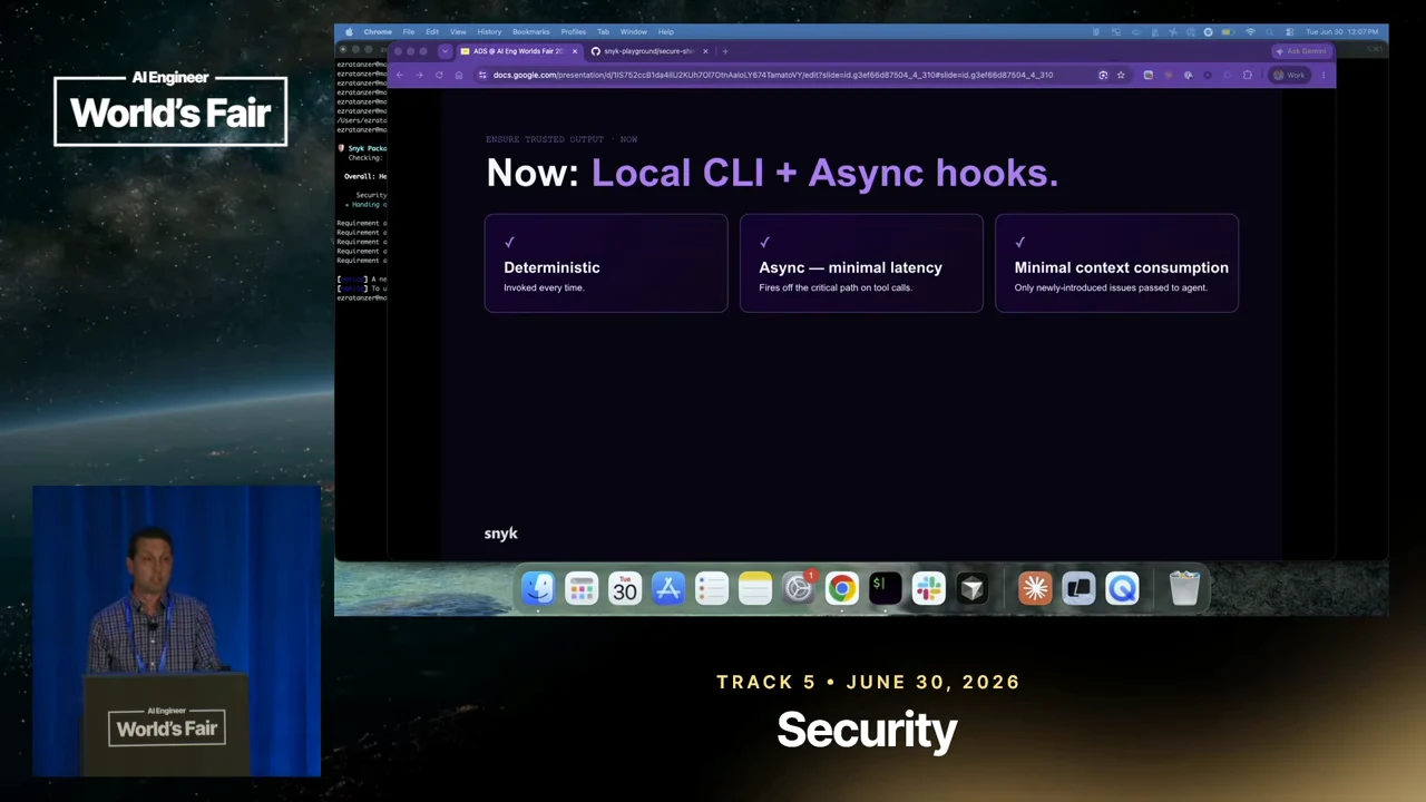 Slide titled “Now: Local CLI + Async hooks.” with three checked cards labeled “Deterministic,” “Async — minimal latency,” and “Minimal context consumption.”