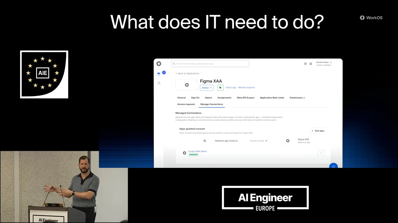 Slide titled “What does IT need to do?” showing the Figma XAA administration page, its Manage Connections tab, and a Cursor XAA Demo entry.