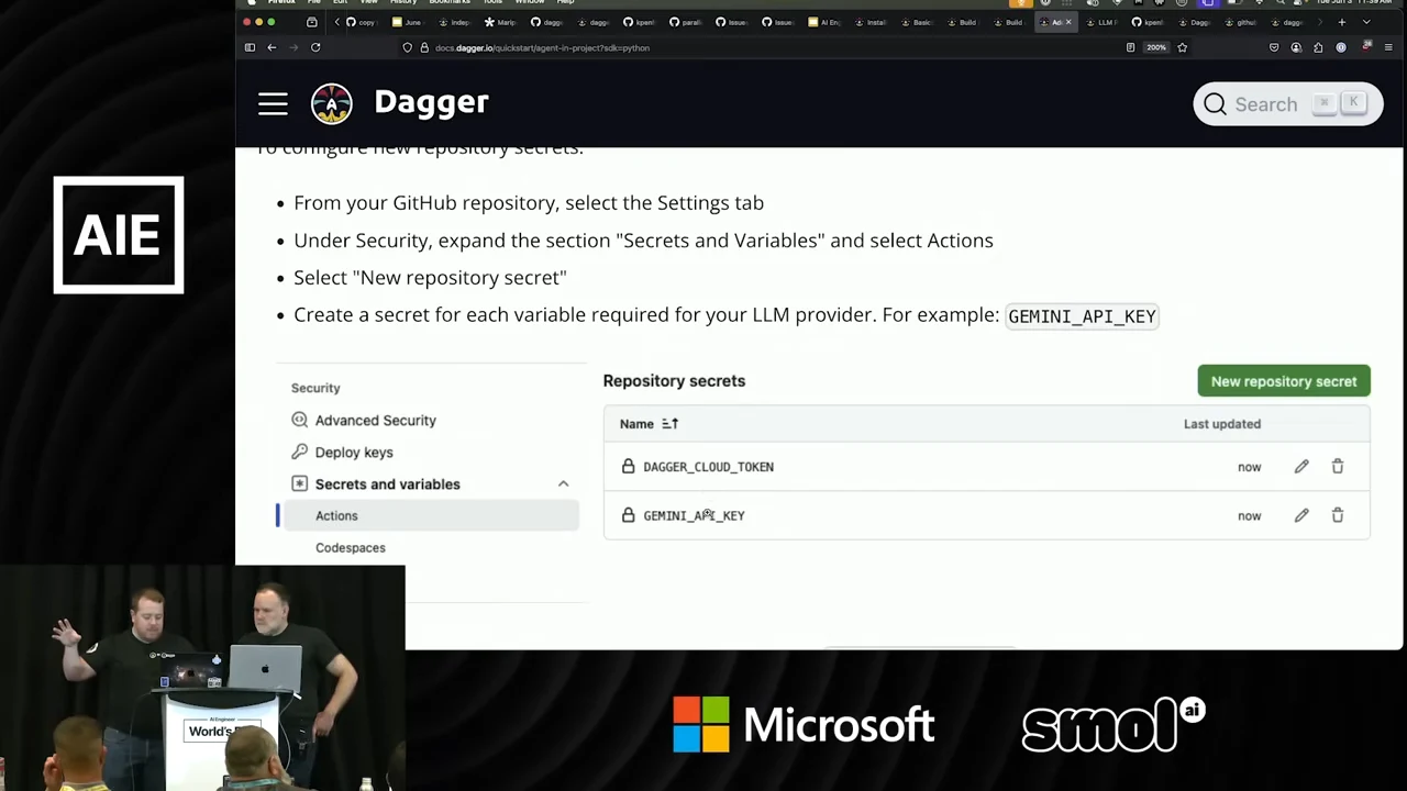 Dagger documentation showing GitHub repository secret instructions and entries named DAGGER_CLOUD_TOKEN and GEMINI_API_KEY.