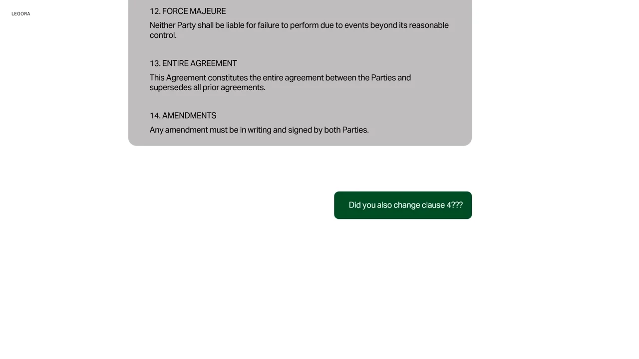 A gray contract excerpt ends with force majeure, entire agreement and amendments clauses. A green chat bubble asks whether clause 4 also changed.