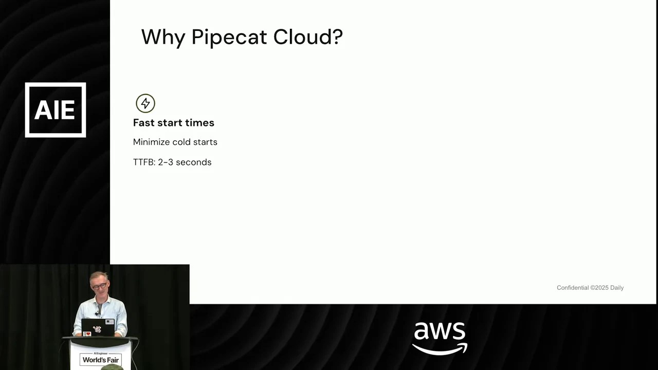 Slide titled “Why Pipecat Cloud?” showing “Fast start times,” “Minimize cold starts,” and “TTFB: 2–3 seconds.”