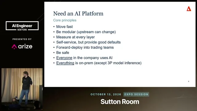 AI platform principles include speed, modularity, measurement, self-service with good defaults, safety, and on-premises operation except for third-party model inference.