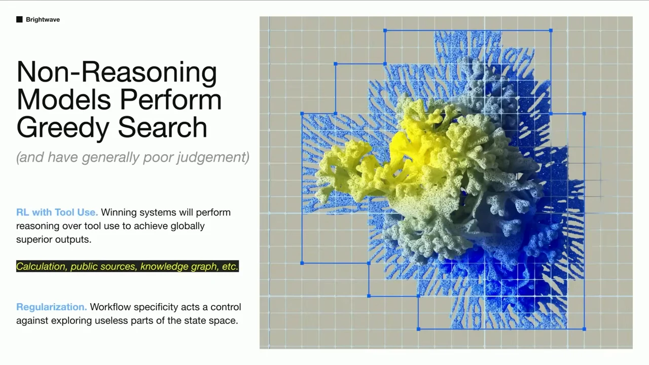Slide titled Non-Reasoning Models Perform Greedy Search, with text about RL with tool use and regularization beside a blue and yellow branching graphic.