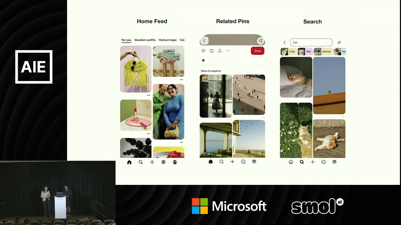 Three mobile interface examples show Home Feed, Related Pins, and Search, with image grids beneath each heading.