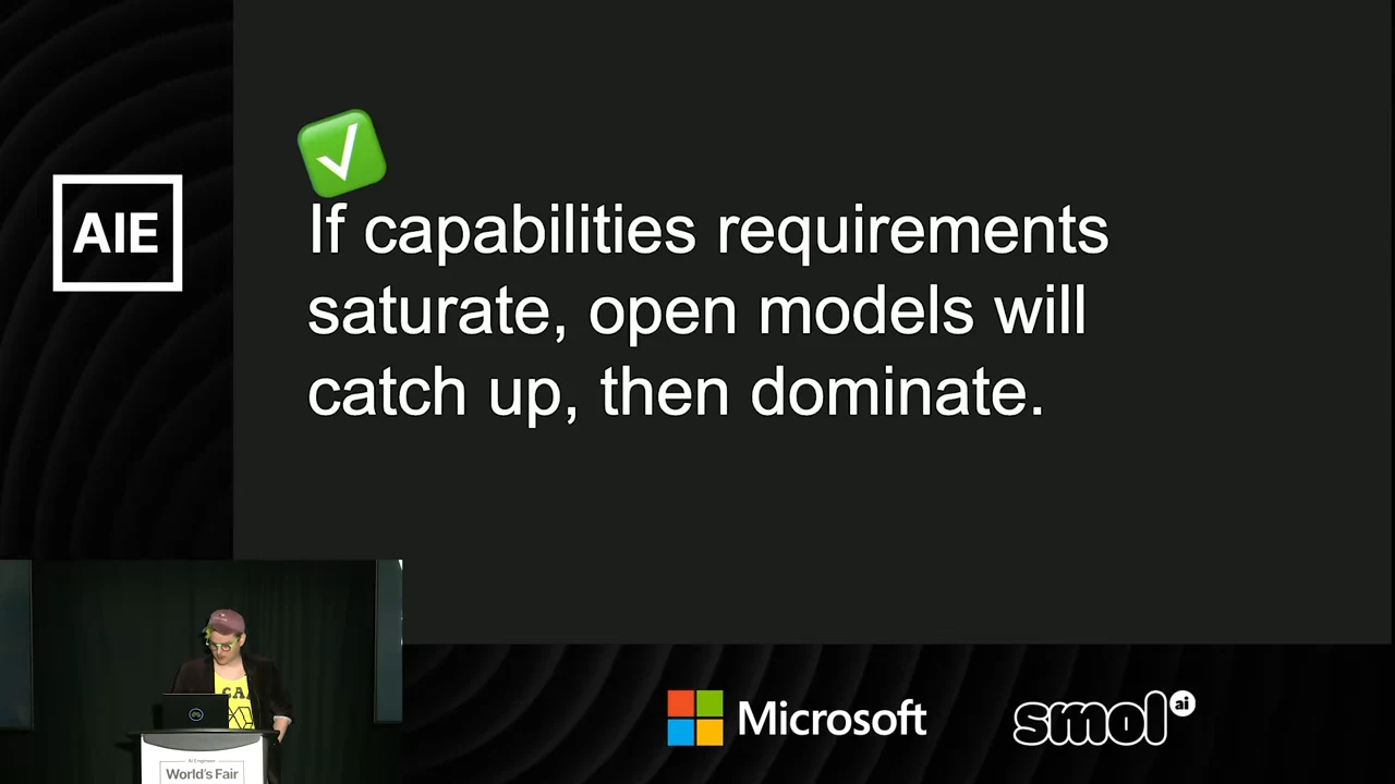 Slide with a green check mark and the statement: If capabilities requirements saturate, open models will catch up, then dominate.