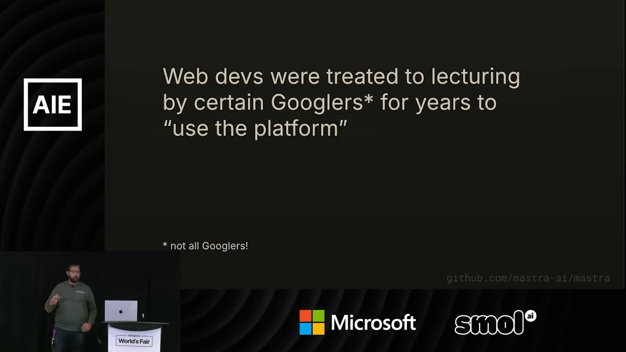 Text slide describing years of lectures to web developers to “use the platform,” with a footnote saying “not all Googlers!”