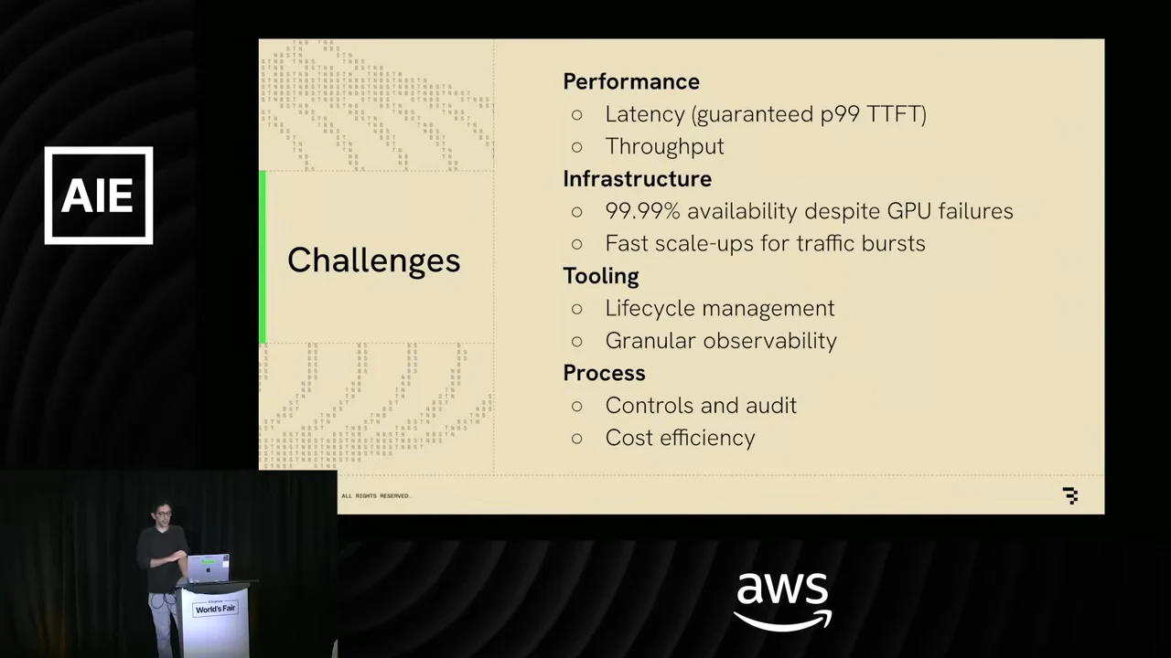 “Challenges” slide listing performance, infrastructure, tooling, and process requirements, including 99.99% availability despite GPU failures and fast scale-ups for traffic bursts.