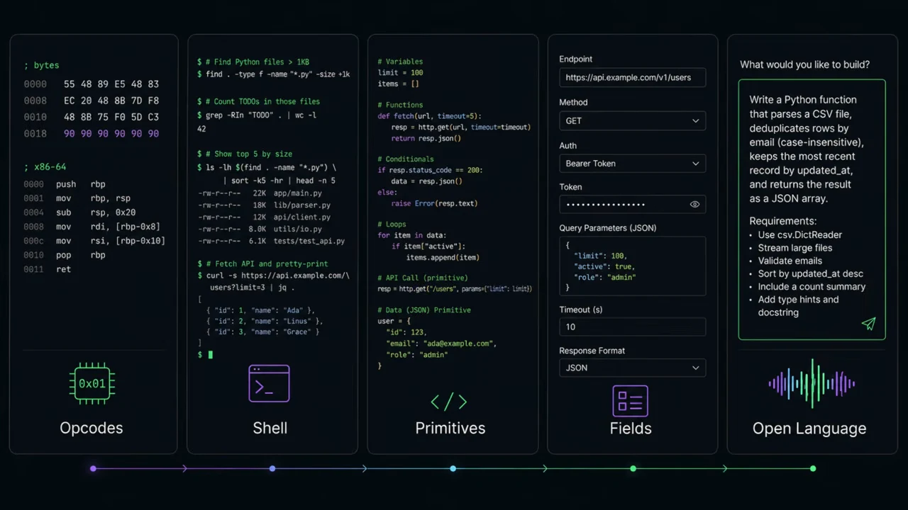 Five panels labeled Opcodes, Shell, Primitives, Fields, and Open Language show code, form controls, and a natural-language request.