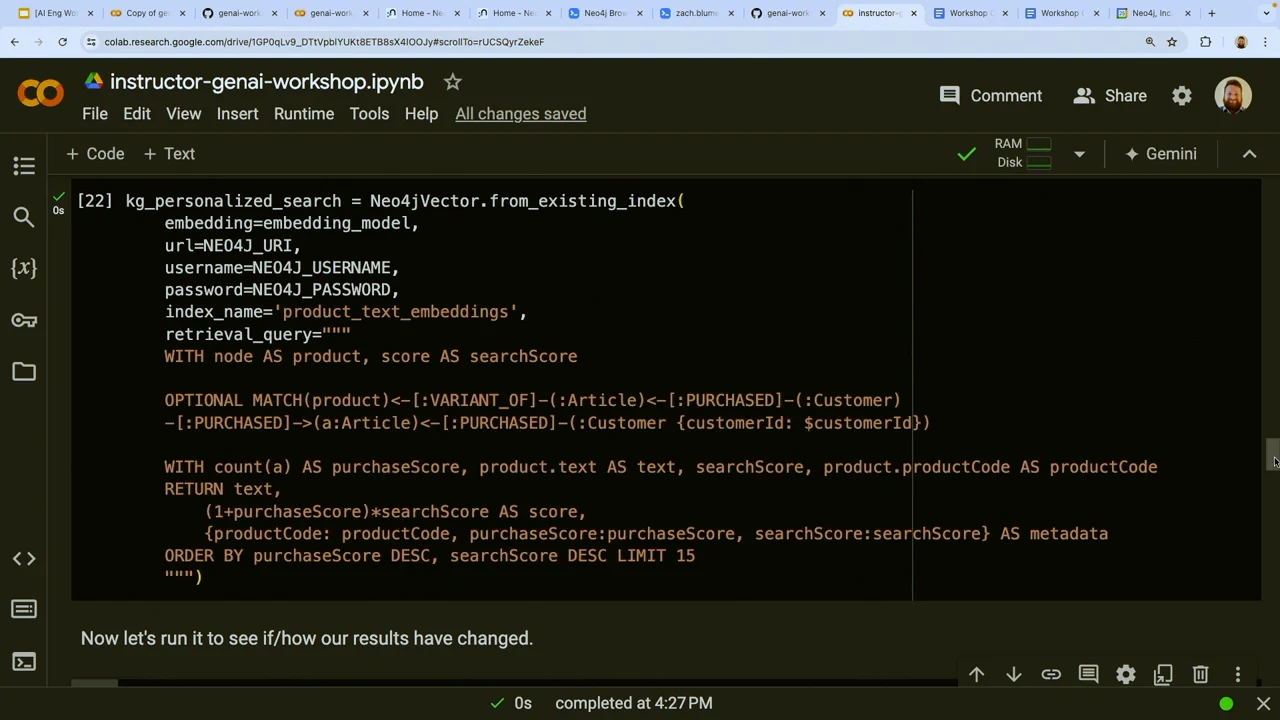 Colab code defining personalized retrieval with a purchase-path match, a multiplied score, metadata, and descending ordering.
