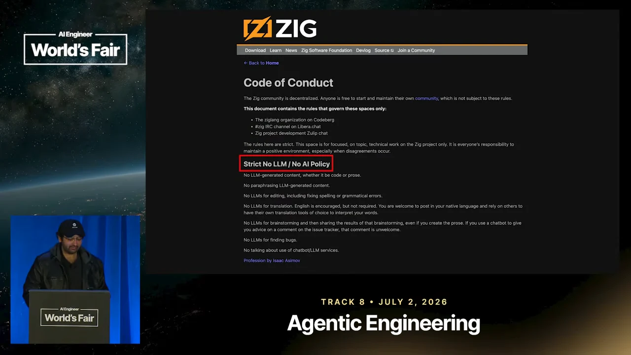 Zig Code of Conduct page with a red outline around “Strict No LLM / No AI Policy.”