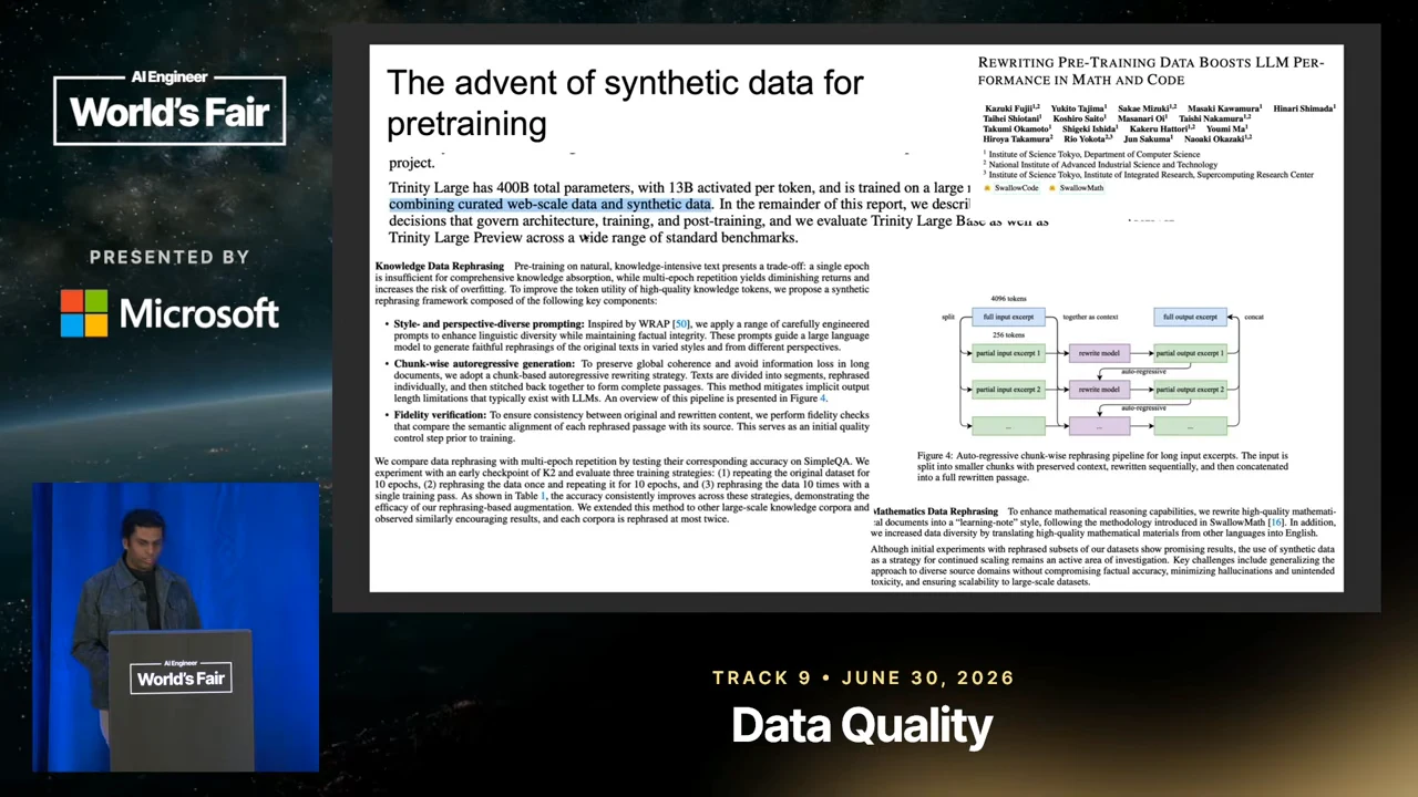 Slide titled “The advent of synthetic data for pretraining,” containing highlighted Trinity Large text, research excerpts, and a colored rephrasing flowchart.