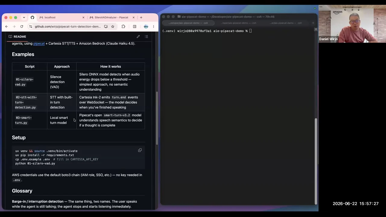 GitHub README with an examples table for silence detection, built-in STT turn detection and a local Smart Turn model, followed by setup instructions beside an idle terminal.