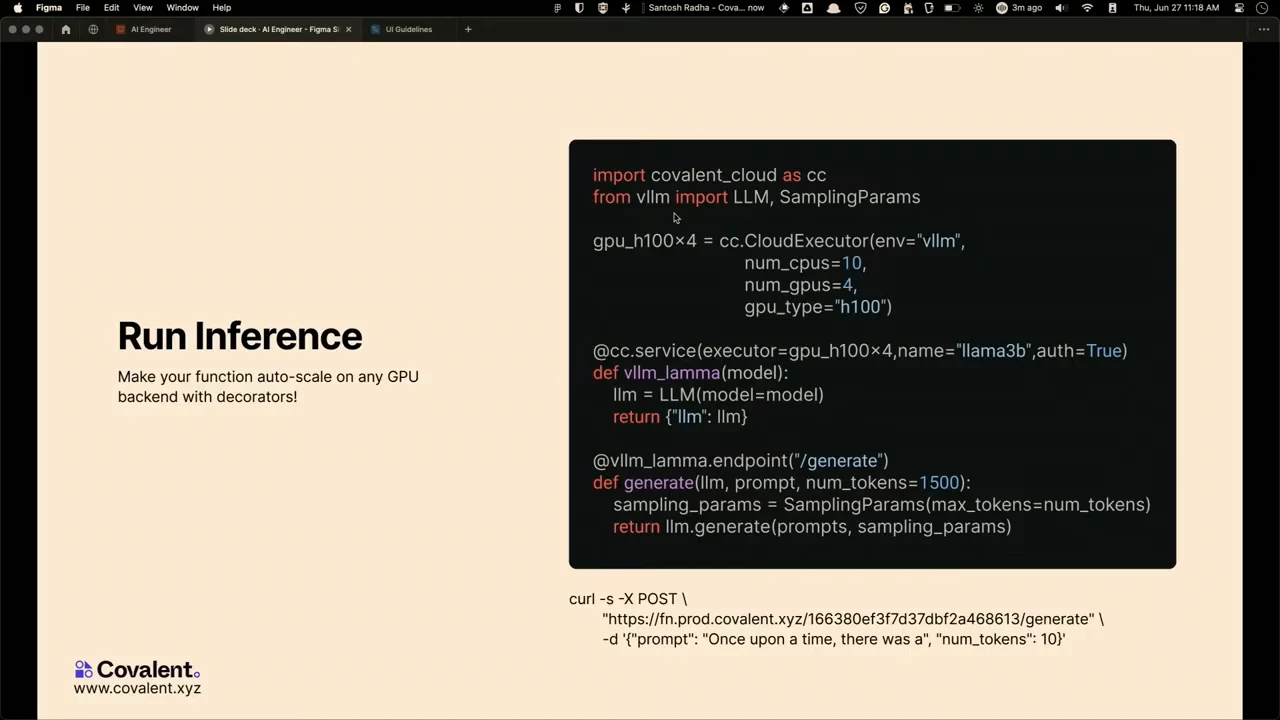Run Inference slide with Python service and endpoint definitions above a curl request.