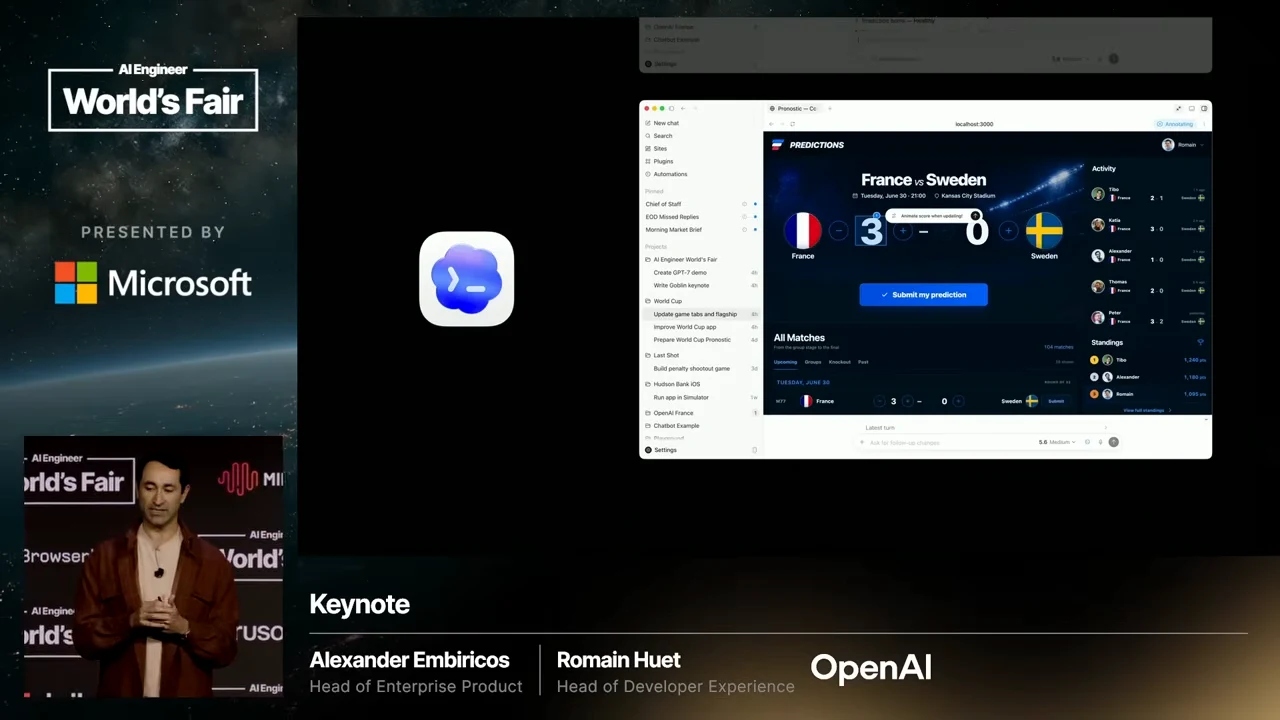 Codex app icon beside an application window showing a sidebar and a France versus Sweden prediction page with a 3–0 score.