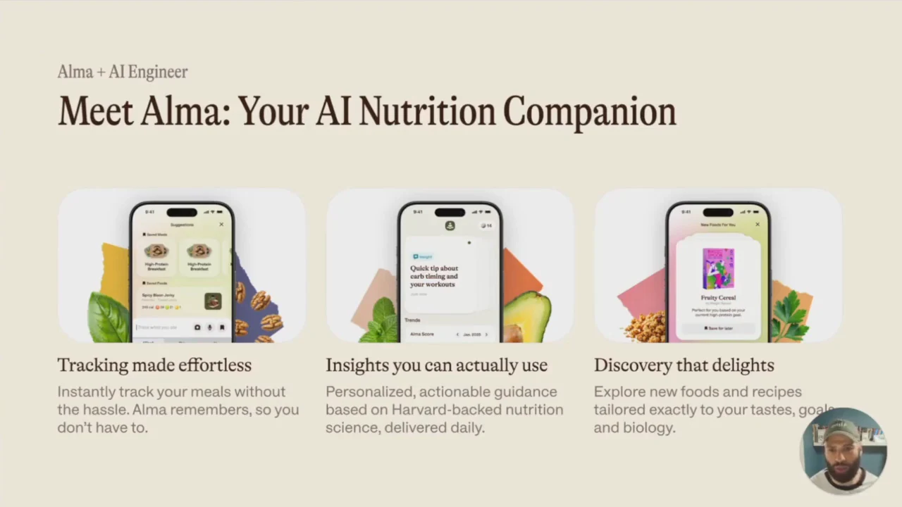 Slide titled “Meet Alma: Your AI Nutrition Companion” with three phone screenshots above descriptions of tracking, insights, and discovery.