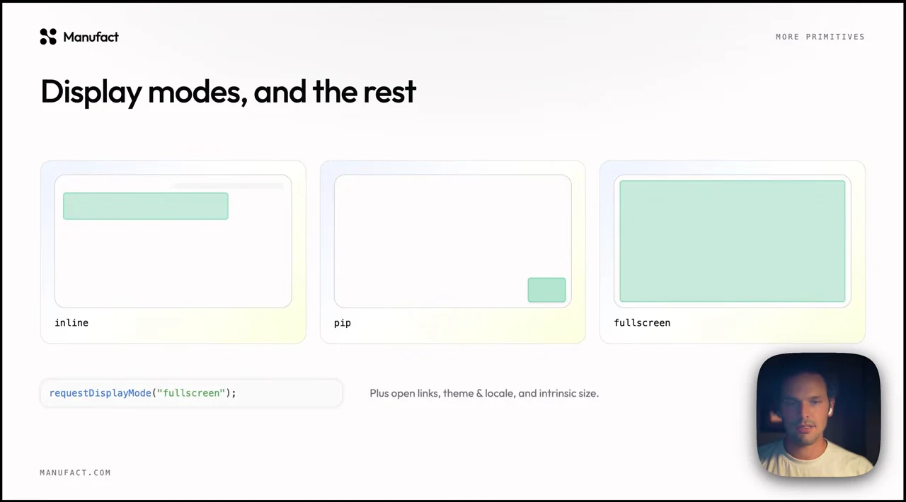 Three diagrams labeled inline, pip, and fullscreen, with notes about opening links, theme and locale, and intrinsic size.
