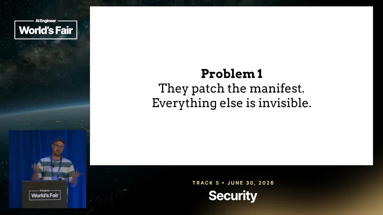 Slide headed “Problem 1” with the text “They patch the manifest. Everything else is invisible.”