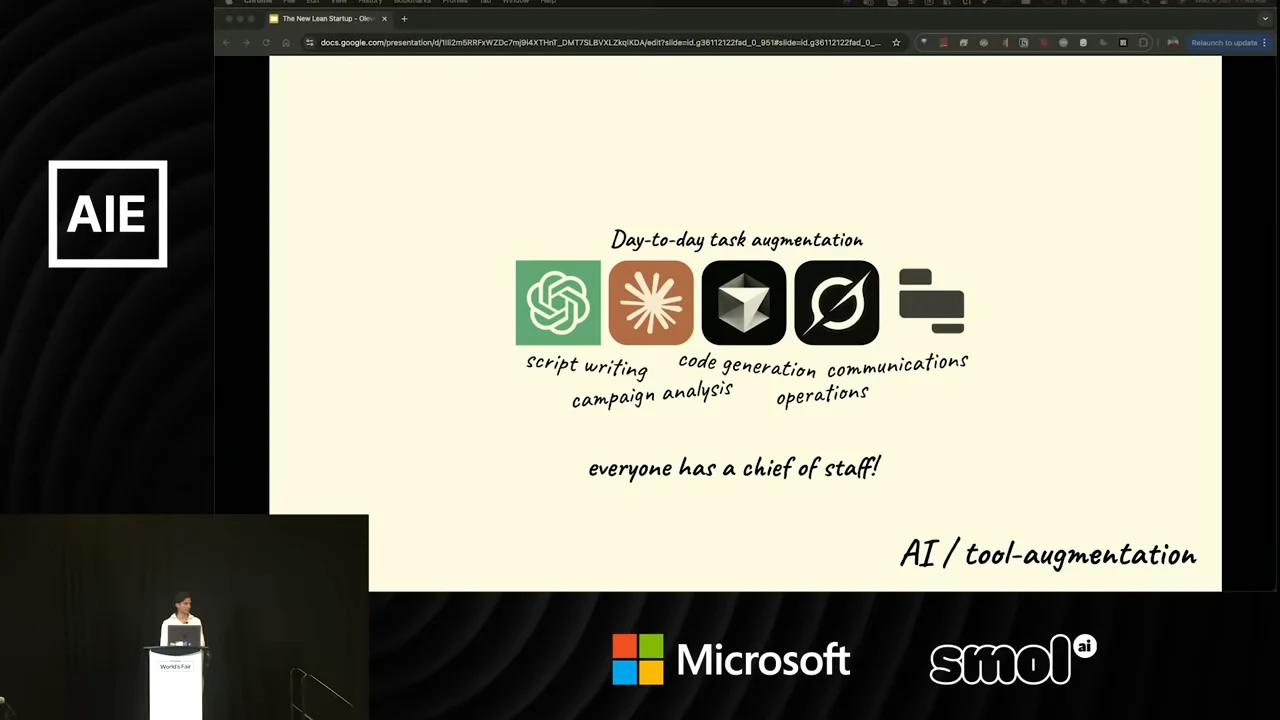 Five tool logos above labels for script writing, campaign analysis, code generation, operations, and communications, with “everyone has a chief of staff!” underneath.