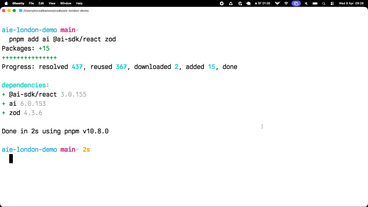 Terminal showing pnpm add ai @ai-sdk/react zod, installed dependencies, and a returned shell prompt.