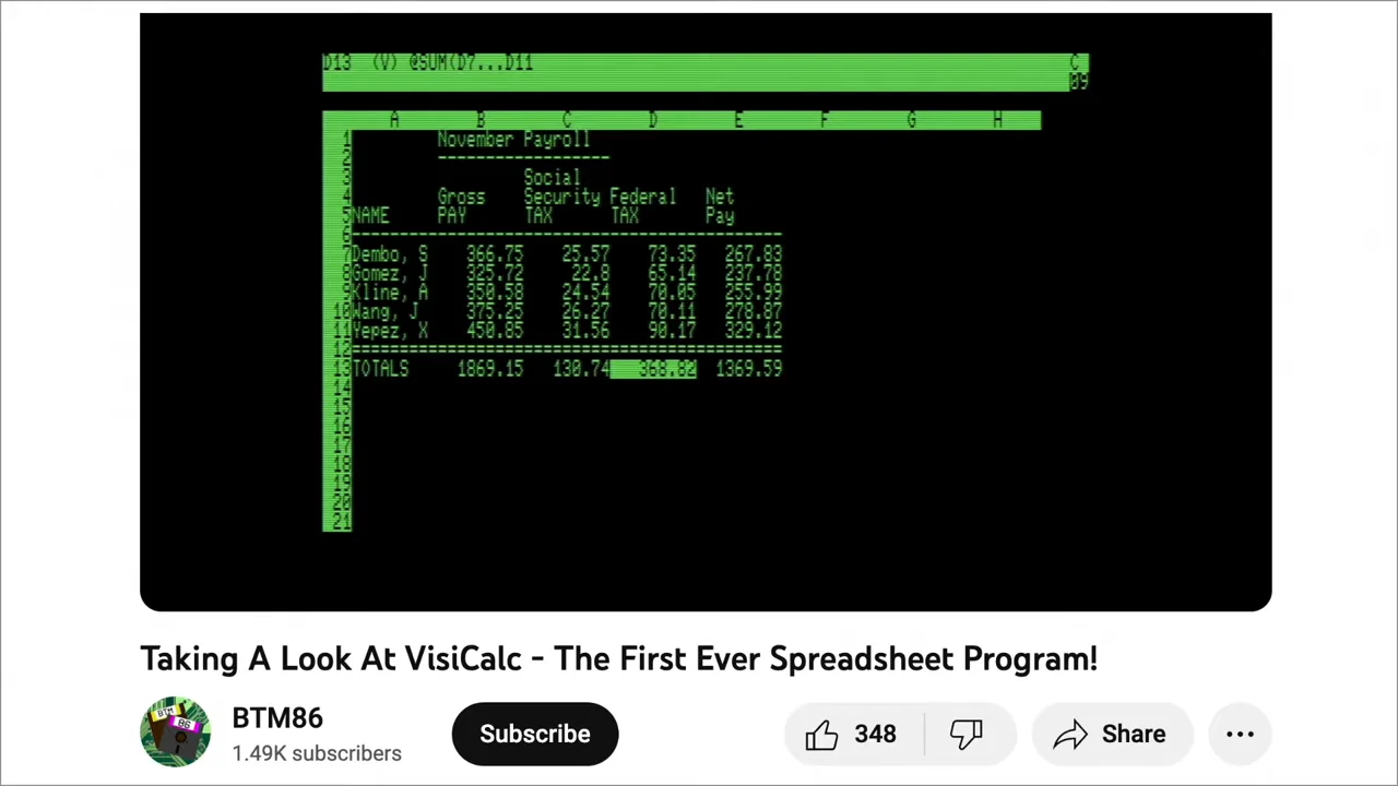 Green-on-black VisiCalc payroll table with employee rows, tax columns and a populated totals row, shown in a YouTube player.