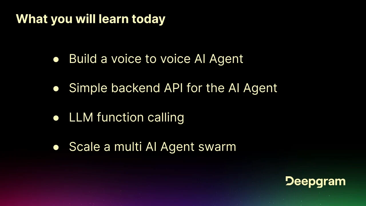 Slide titled “What you will learn today” with four bullets covering a voice-to-voice AI agent, a simple backend API, LLM function calling, and scaling a multi-agent swarm.